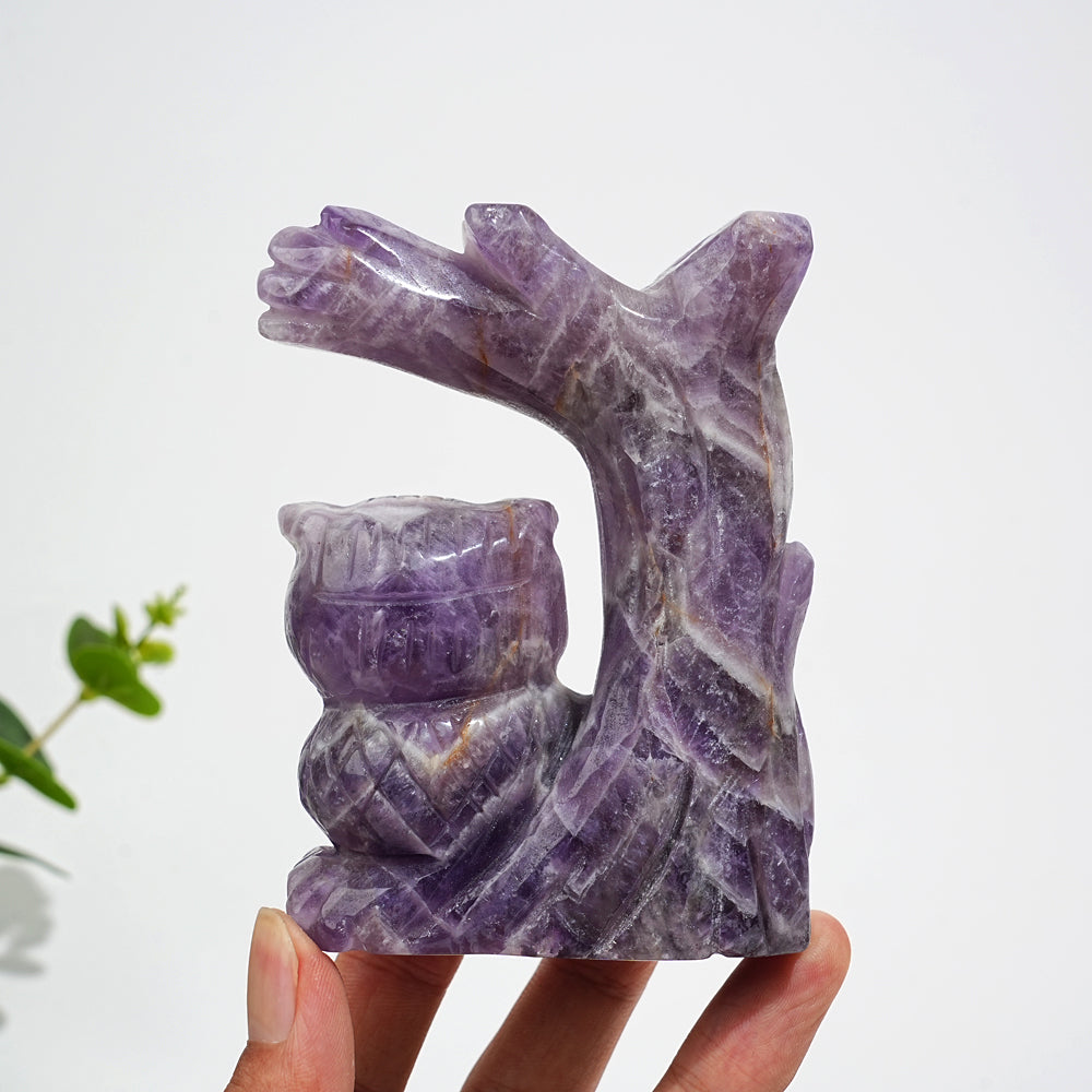 Unique,A Slightly Imperfect Natural Crystal Dream Amethyst Owl On Tree Branch Carving