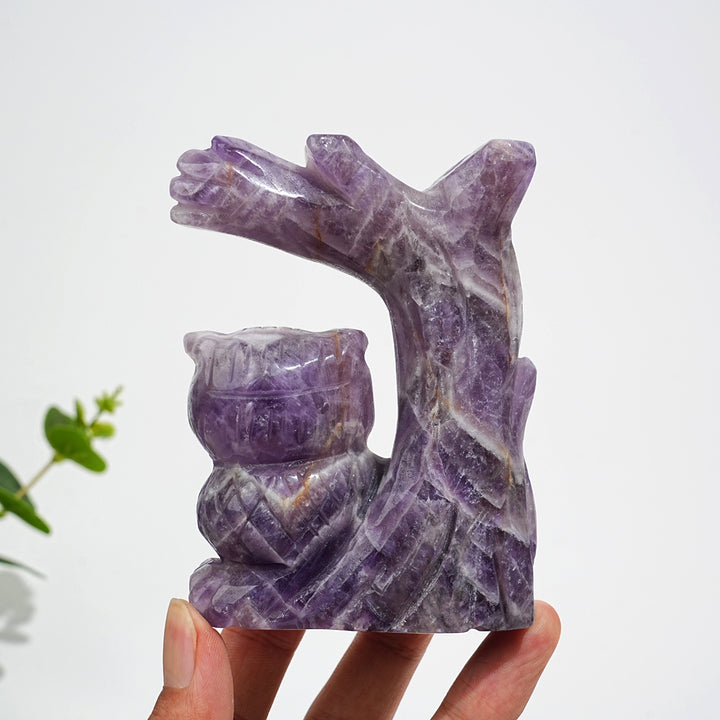 Unique,A Slightly Imperfect Natural Crystal Dream Amethyst Owl On Tree Branch Carving