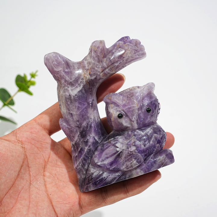 Unique,A Slightly Imperfect Natural Crystal Dream Amethyst Owl On Tree Branch Carving