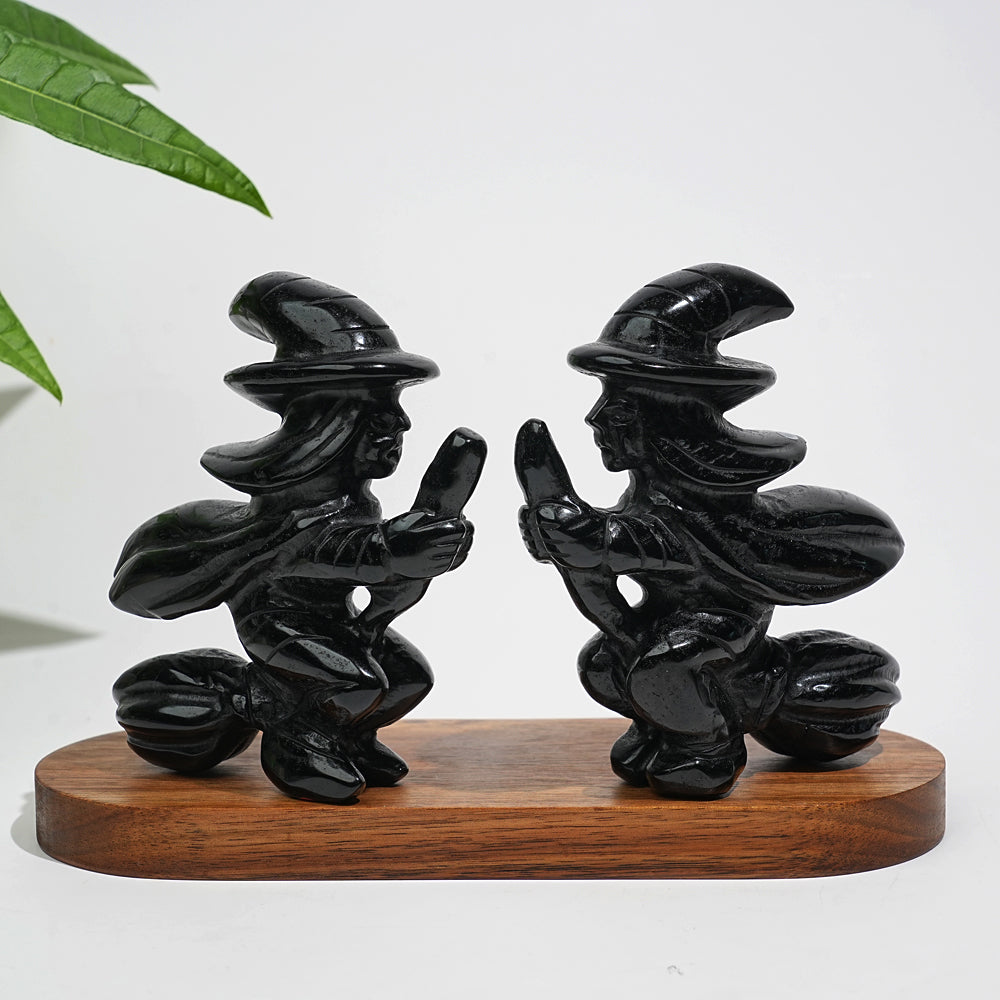 Unique,A Slightly Imperfect Natural Black Obsidian Witch On Broom Carving