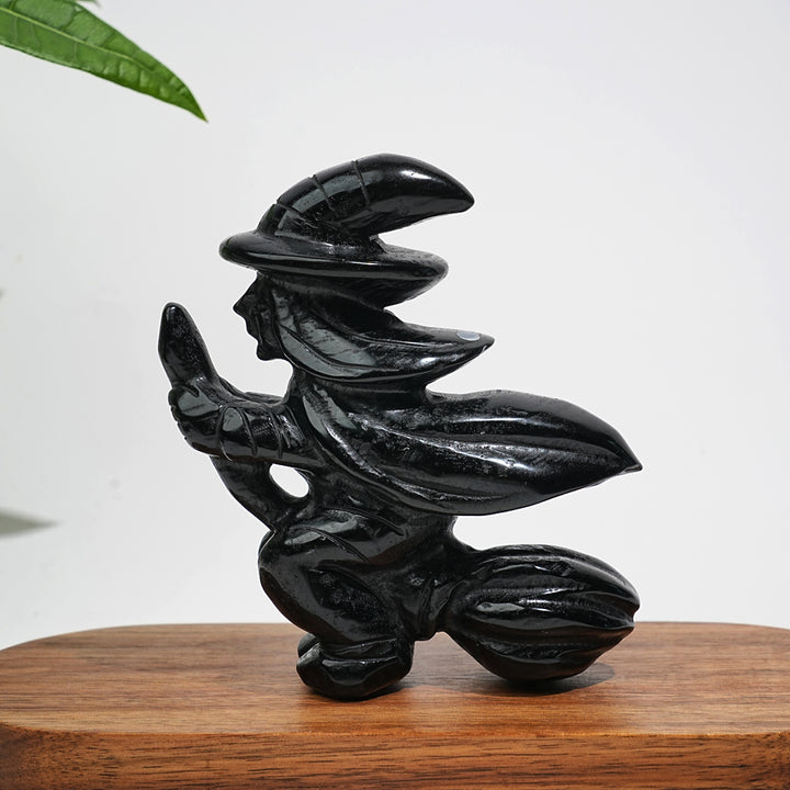 Unique,A Slightly Imperfect Natural Black Obsidian Witch On Broom Carving