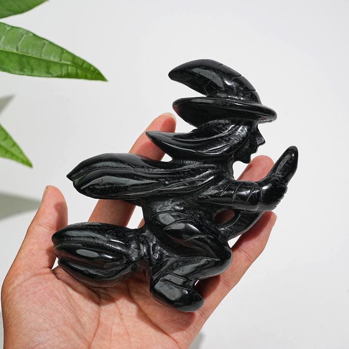 Unique,A Slightly Imperfect Natural Black Obsidian Witch On Broom Carving