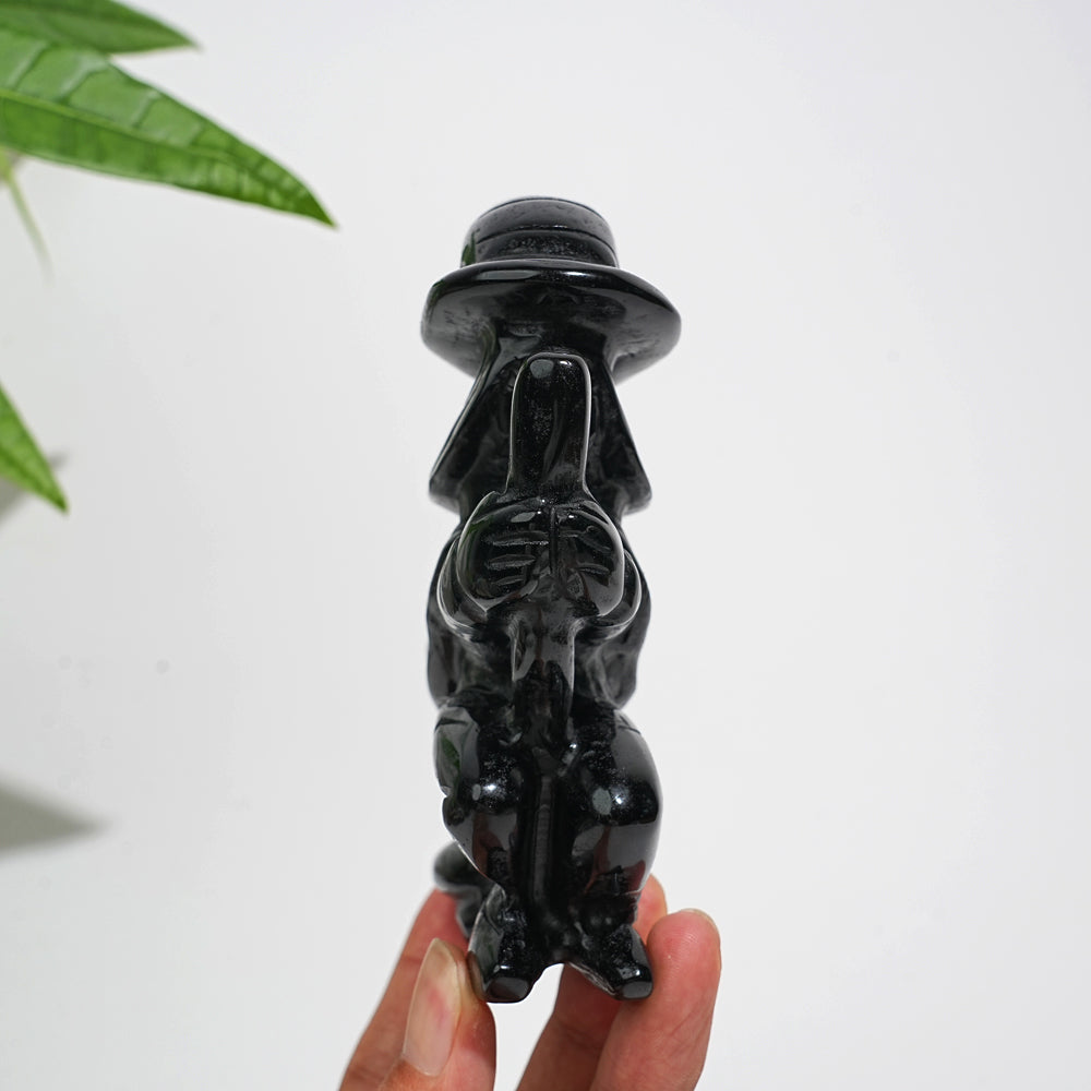 Unique,A Slightly Imperfect Natural Black Obsidian Witch On Broom Carving