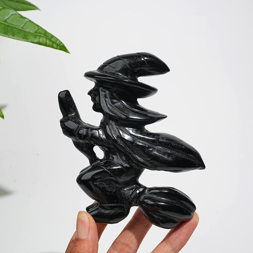 Unique,A Slightly Imperfect Natural Black Obsidian Witch On Broom Carving