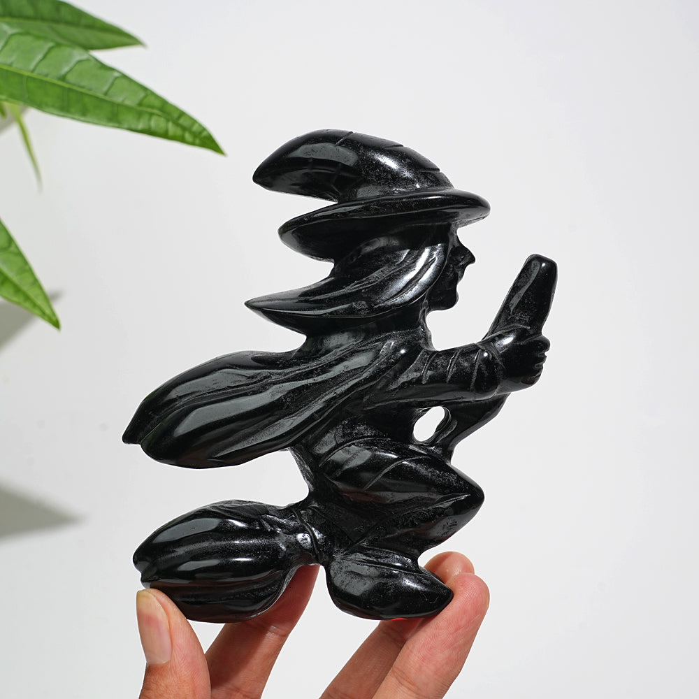 Unique,A Slightly Imperfect Natural Black Obsidian Witch On Broom Carving