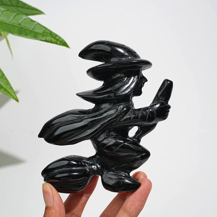 Unique,A Slightly Imperfect Natural Black Obsidian Witch On Broom Carving