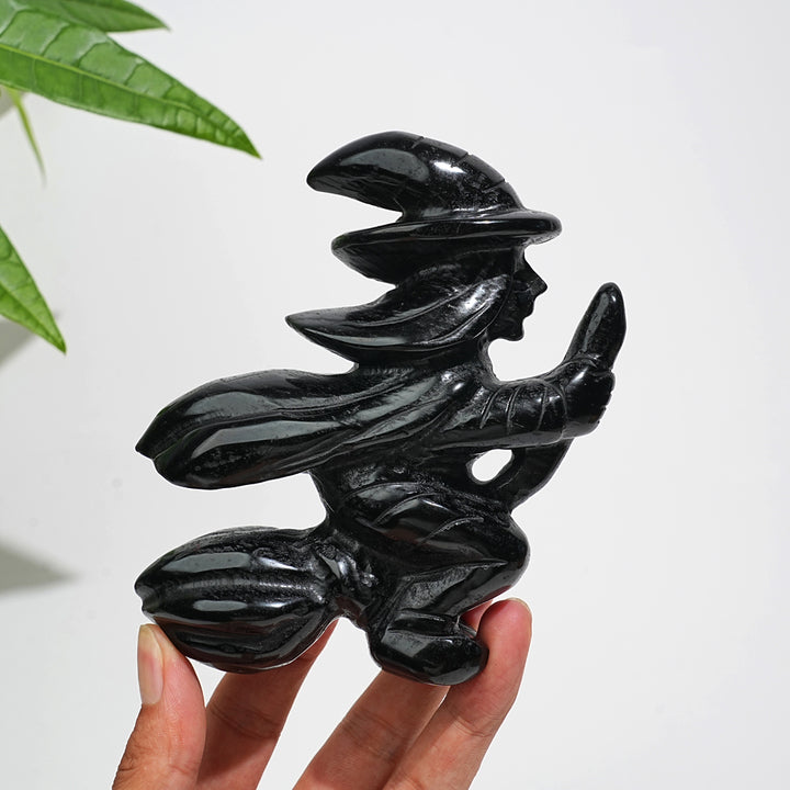 Unique,A Slightly Imperfect Natural Black Obsidian Witch On Broom Carving