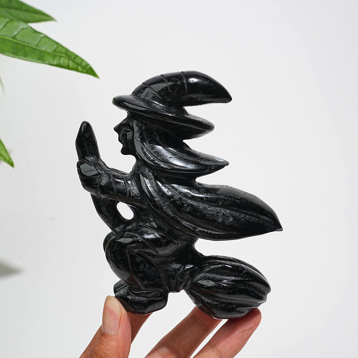 Unique,A Slightly Imperfect Natural Black Obsidian Witch On Broom Carving