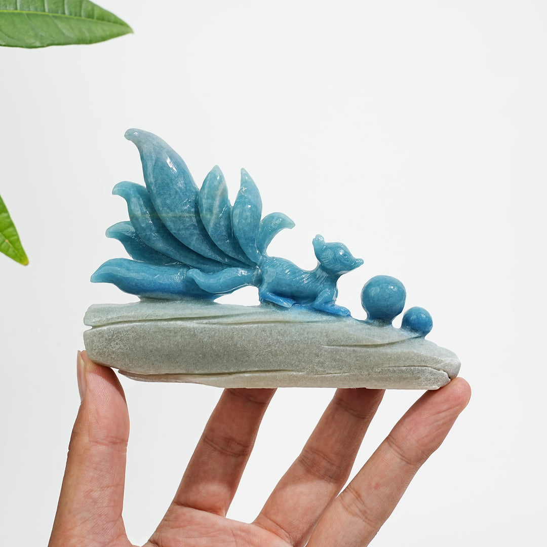 Unique,Natural Crystal Carving Cute Trolleite Nine‑Tailed Fox