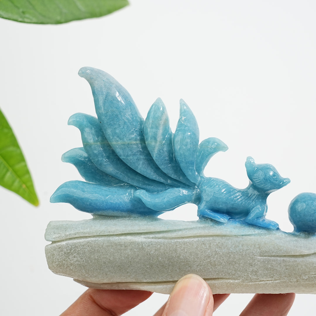Unique,Natural Crystal Carving Cute Trolleite Nine‑Tailed Fox