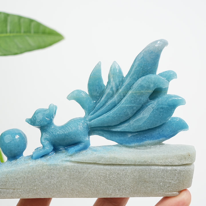 Unique,Natural Crystal Carving Cute Trolleite Nine‑Tailed Fox