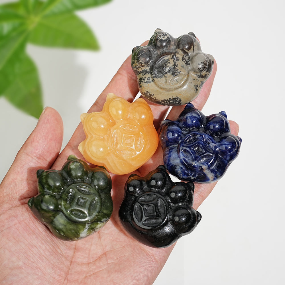 Natural Crystal Coin Cat Paw Carving