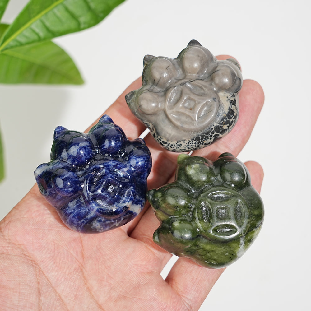Natural Crystal Coin Cat Paw Carving