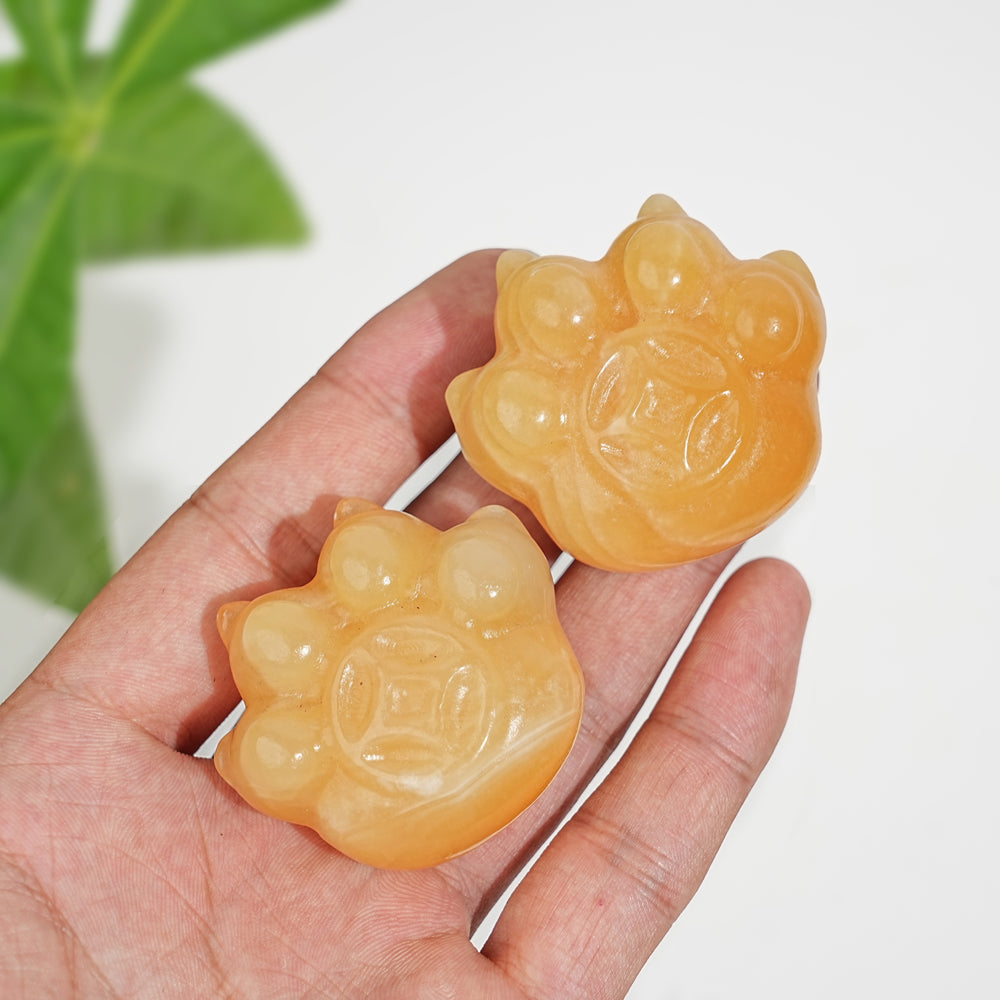 Natural Crystal Coin Cat Paw Carving