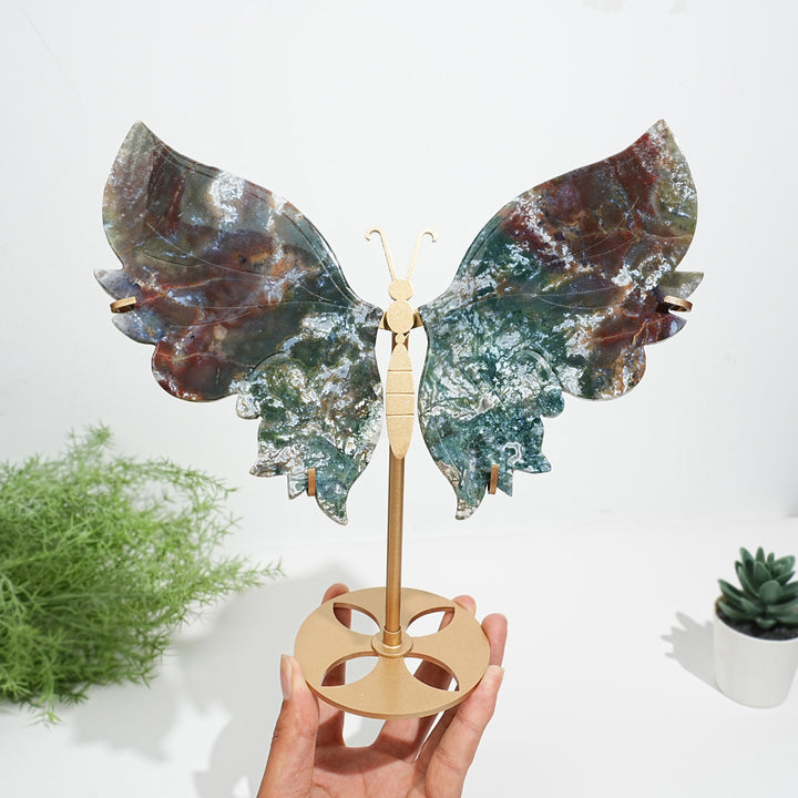 Unique,Natural Ocean Jasper Butterfly Wings On Stand