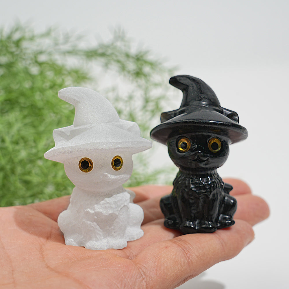 Natural Crystal Cute Hat Witch Cat Carving