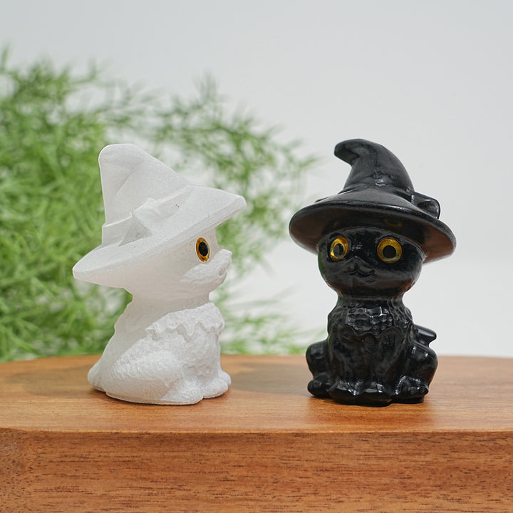 Natural Crystal Cute Hat Witch Cat Carving