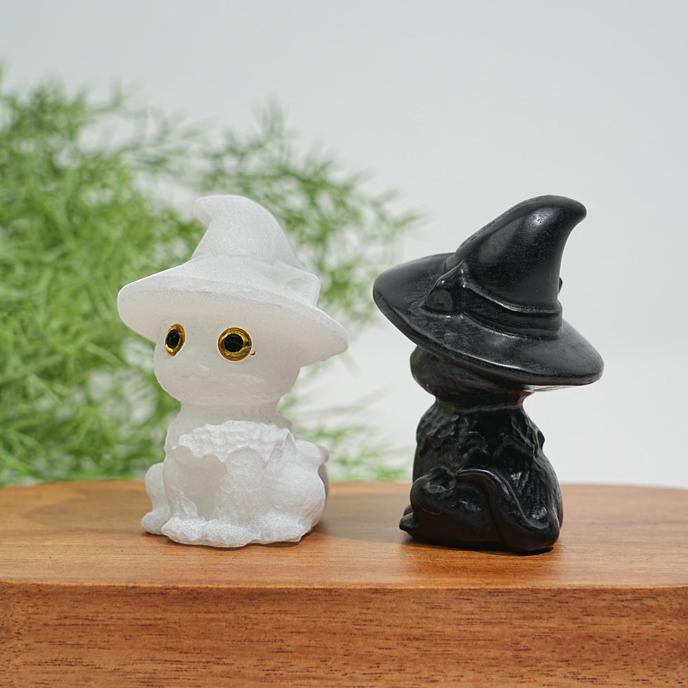Natural Crystal Cute Hat Witch Cat Carving