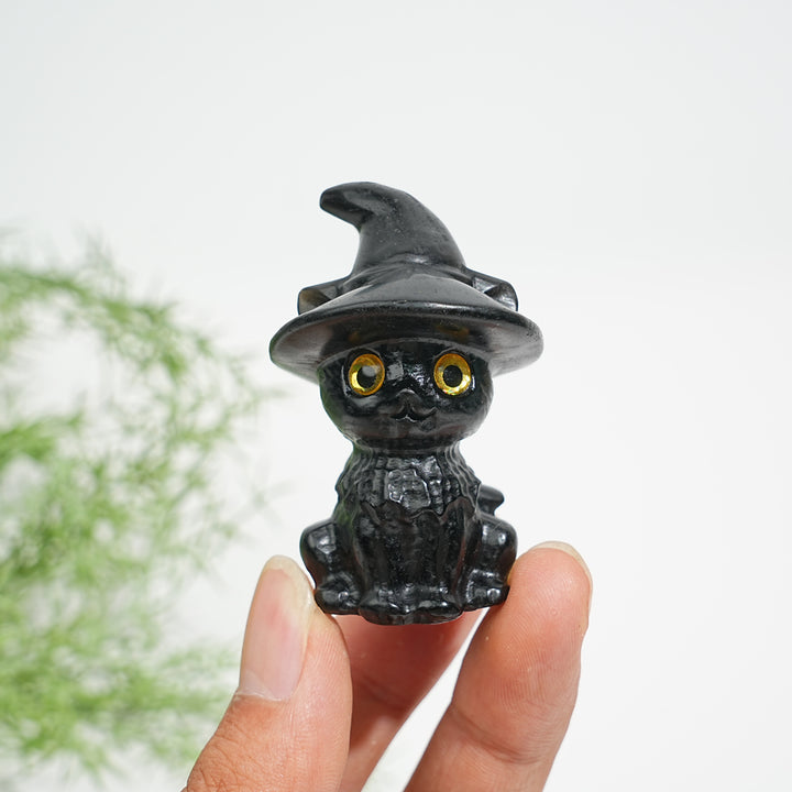 Natural Crystal Cute Hat Witch Cat Carving