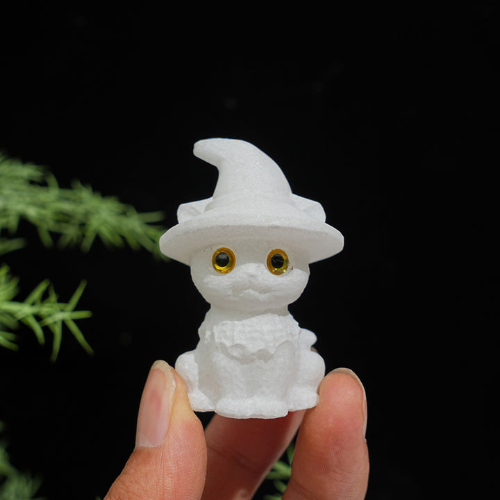 Natural Crystal Cute Hat Witch Cat Carving
