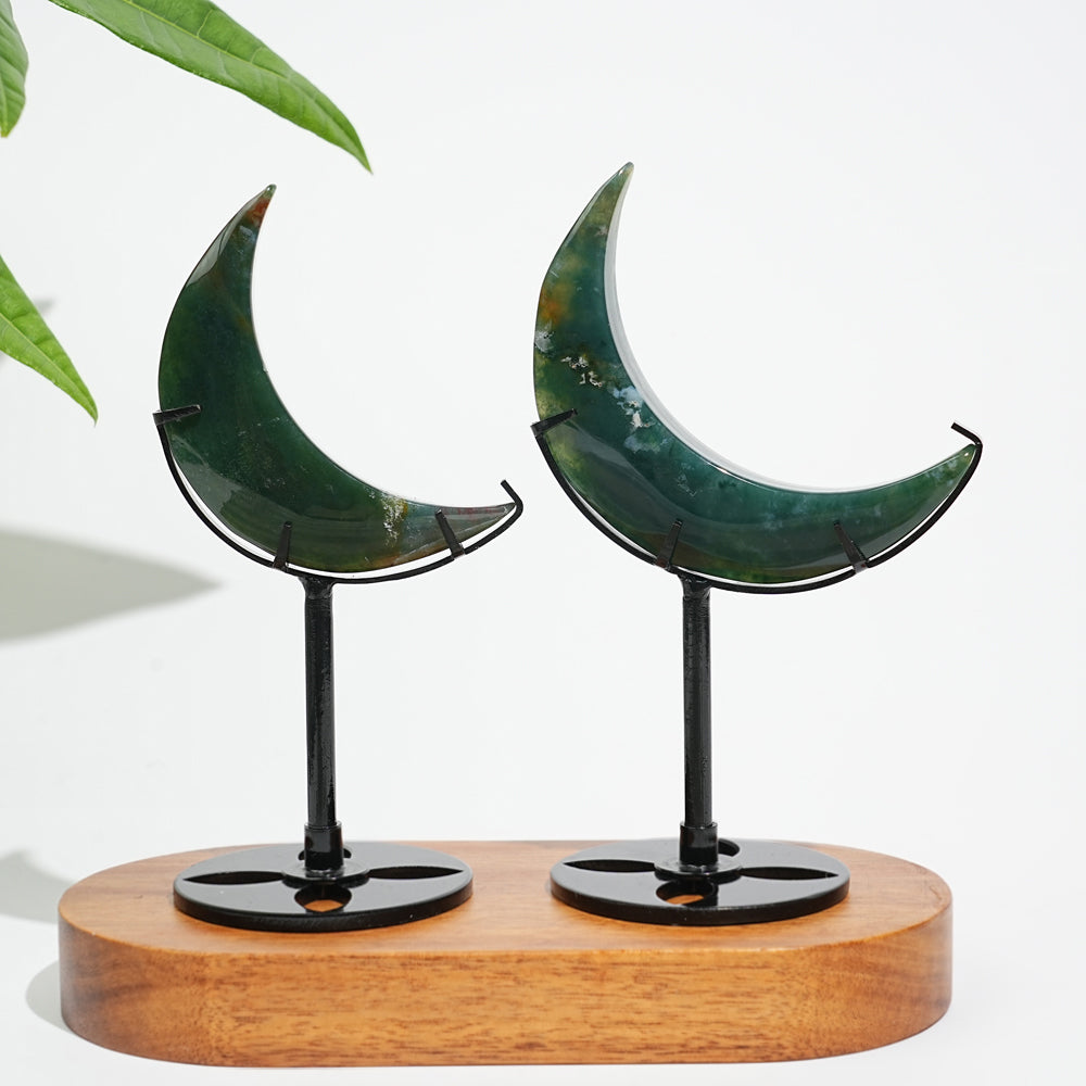 Unique,Natural Crystal Moss Agate Moon With Stand