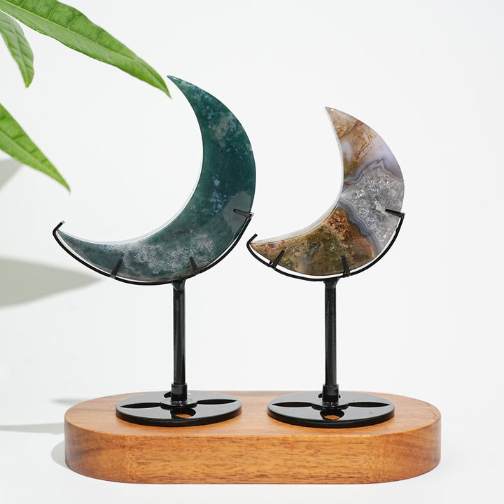 Unique,Natural Crystal Moss Agate Moon With Stand