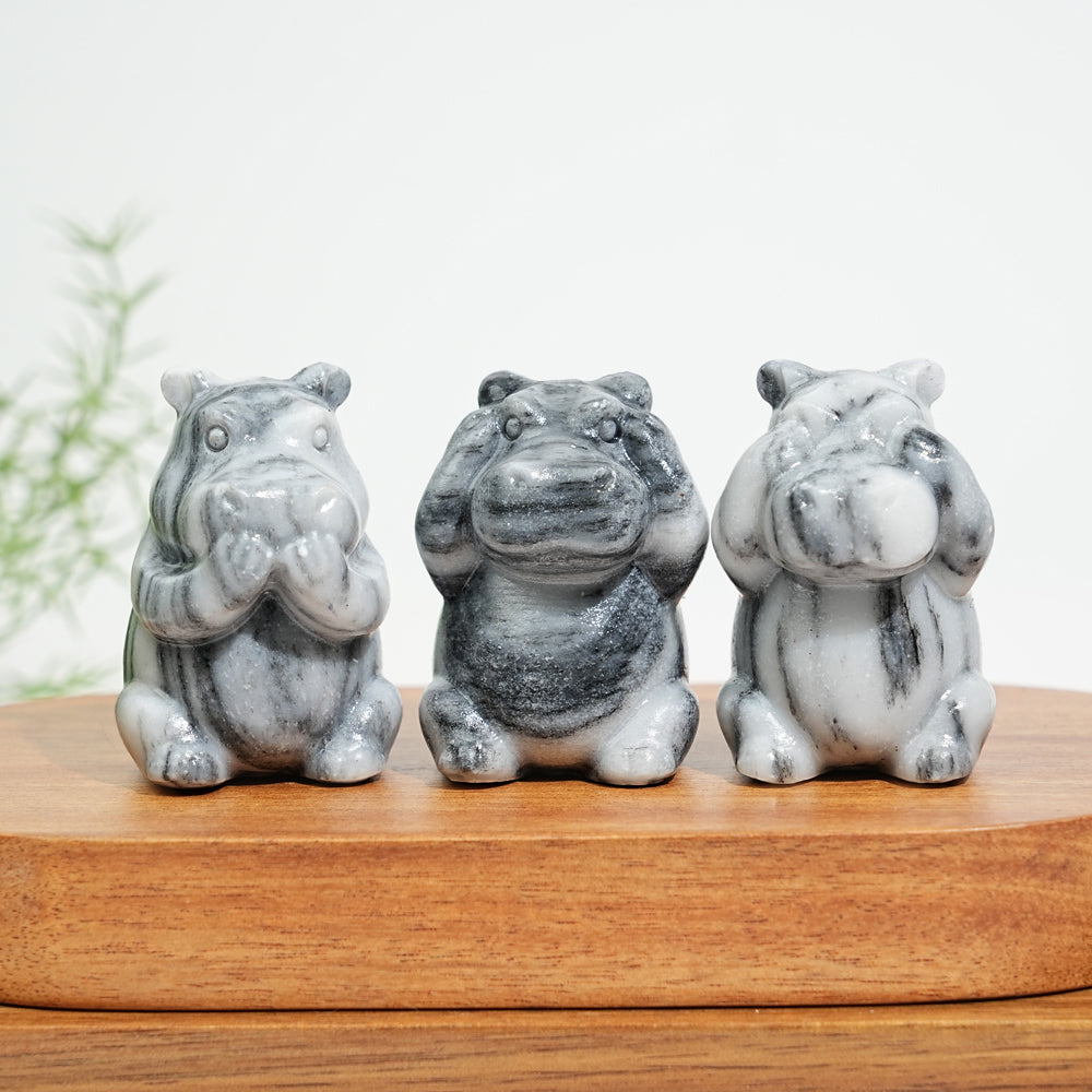 Natural Crystal Whimsical “Three No” Hippo Set