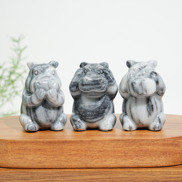 Natural Crystal Whimsical “Three No” Hippo Set