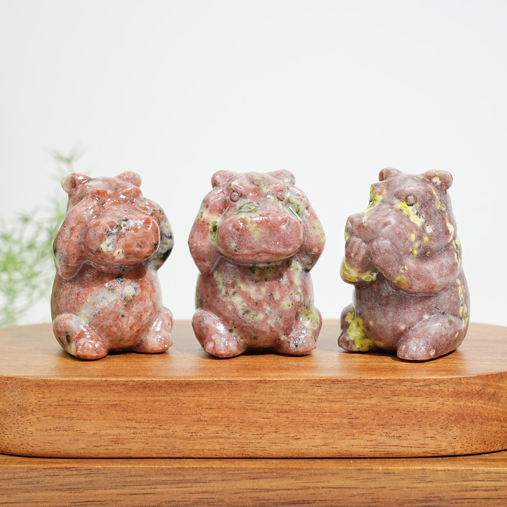Natural Crystal Whimsical “Three No” Hippo Set