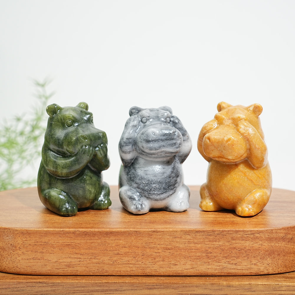 Natural Crystal Whimsical “Three No” Hippo Set