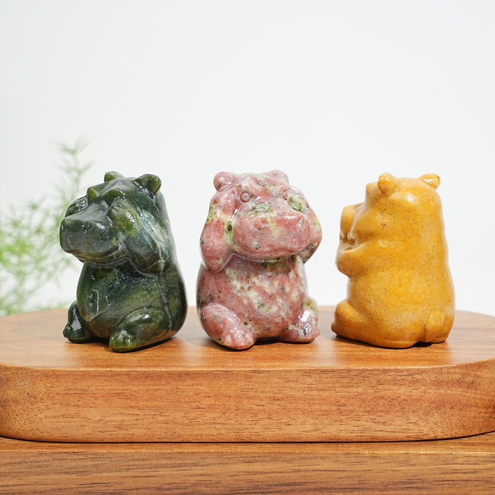 Natural Crystal Whimsical “Three No” Hippo Set