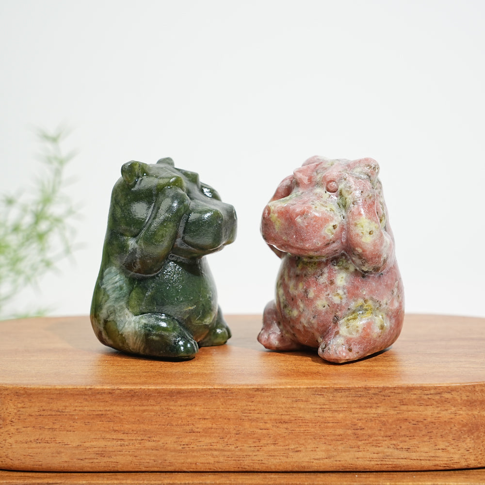 Natural Crystal Whimsical “Three No” Hippo Set