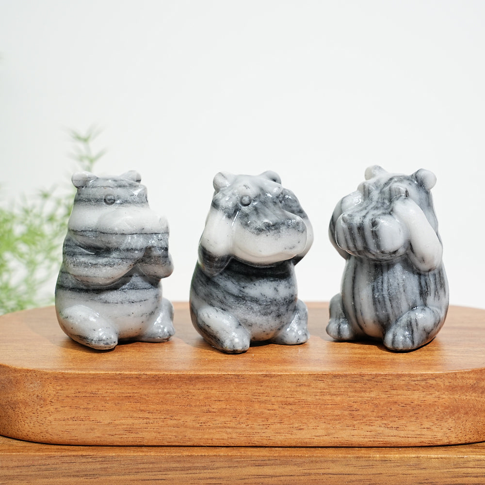 Natural Crystal Whimsical “Three No” Hippo Set