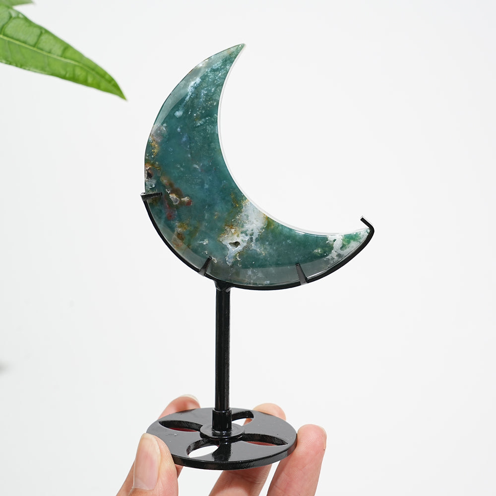 Unique,Natural Crystal Moss Agate Moon With Stand