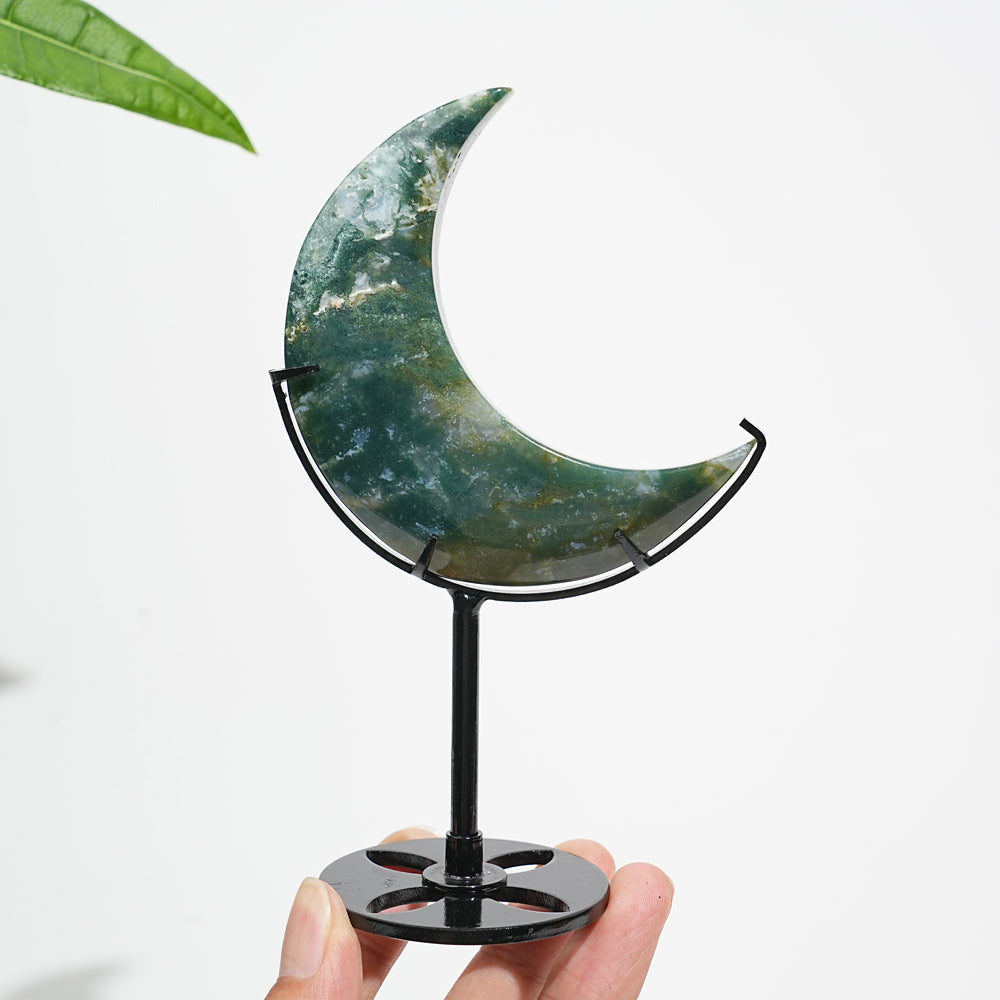 Unique,Natural Crystal Moss Agate Moon With Stand