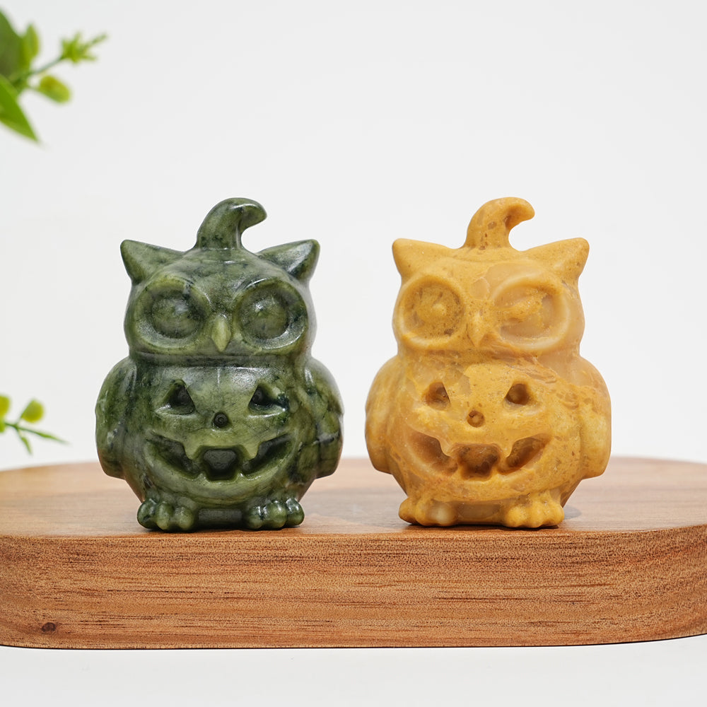 Natural Crystal Hat Wearing Pumpkin Owl Carving