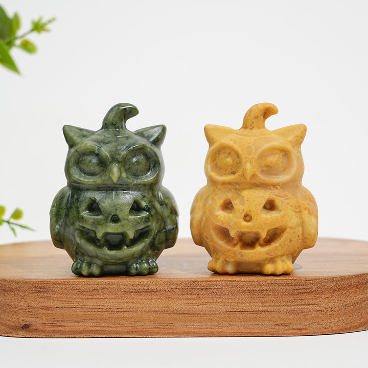 Natural Crystal Hat Wearing Pumpkin Owl Carving