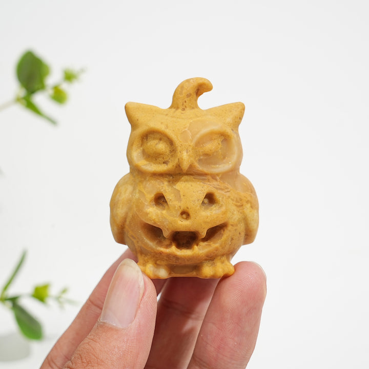 Natural Crystal Hat Wearing Pumpkin Owl Carving