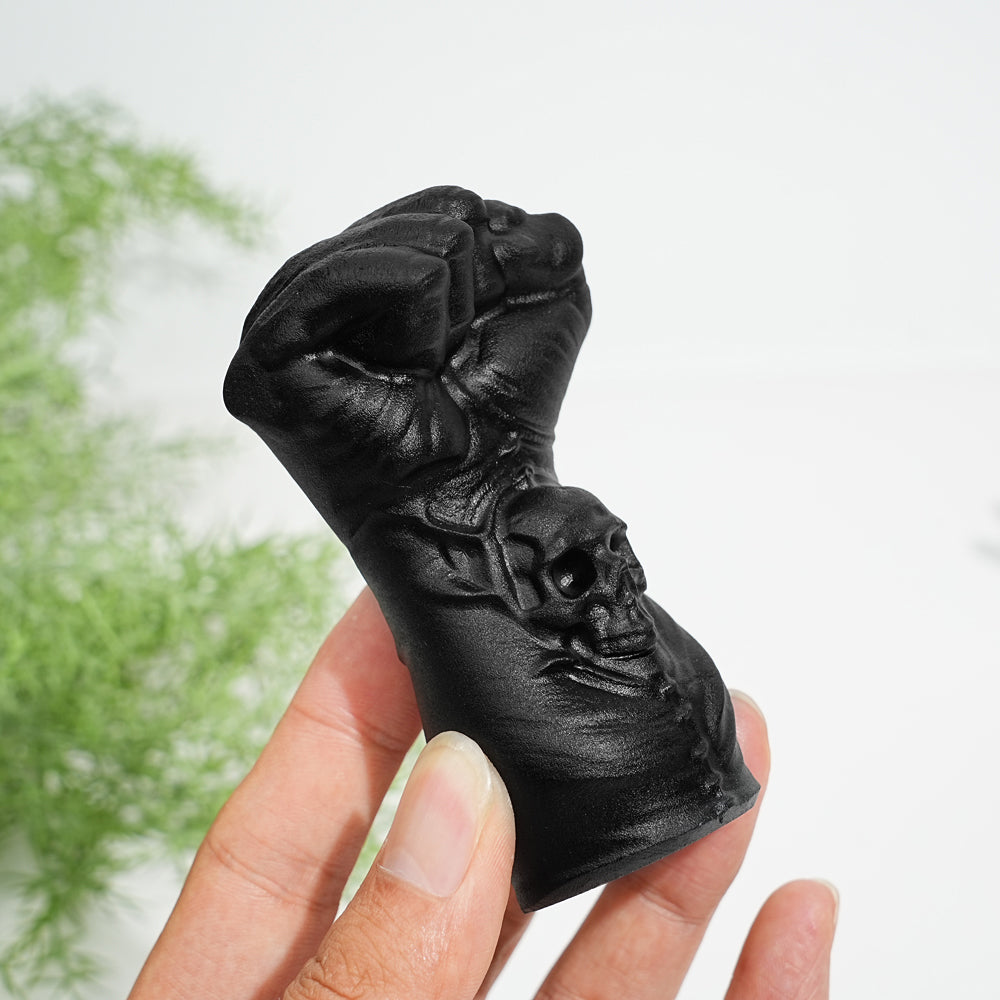 Natural Black Obsidian Skull Fist Carving