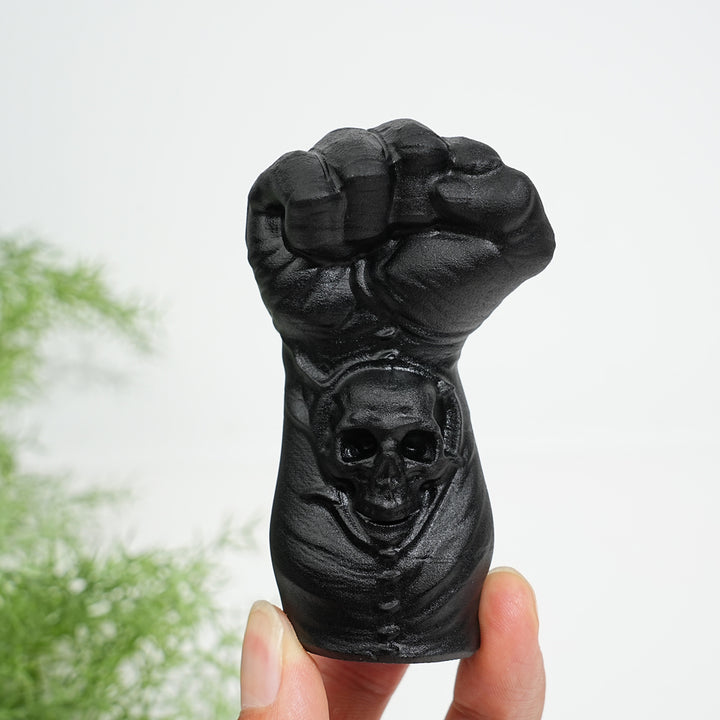 Natural Black Obsidian Skull Fist Carving