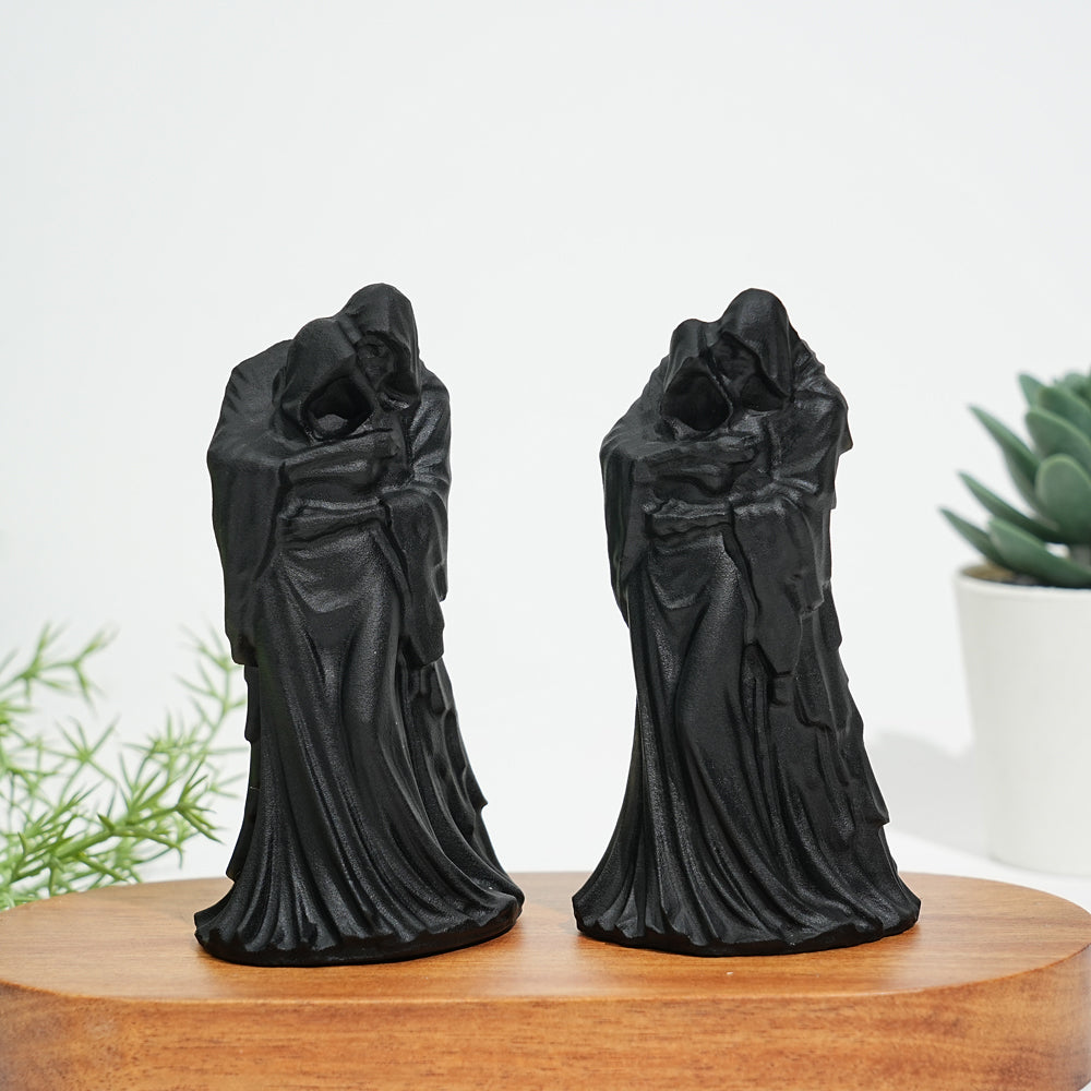 Natural Black Obsidian Witch Couple Carving
