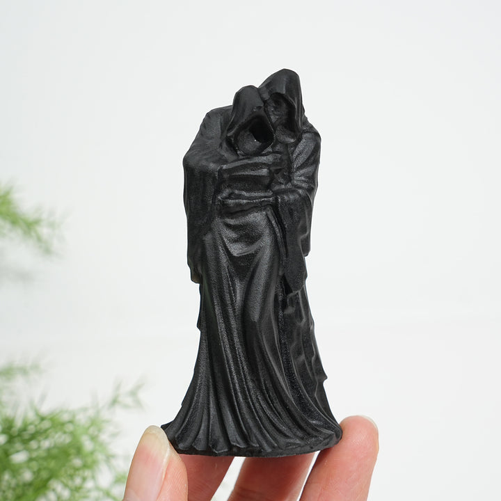 Natural Black Obsidian Witch Couple Carving