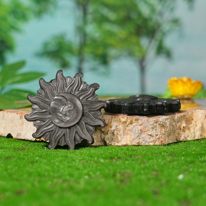 Natural Carving Silver Obsidian Sun & Moon