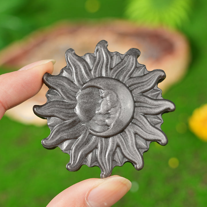 Natural Carving Silver Obsidian Sun & Moon