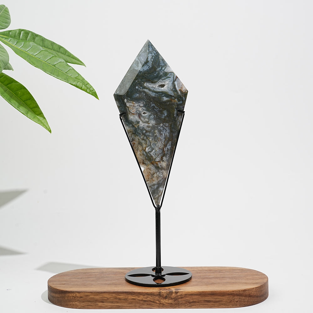 Unique,Natural Crystal Moss Agate Diamond Slice With Stand