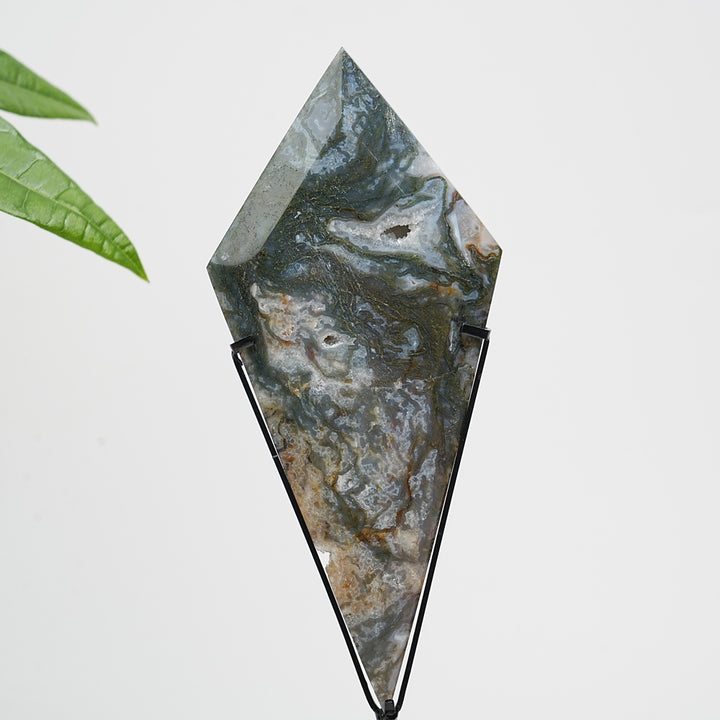Unique,Natural Crystal Moss Agate Diamond Slice With Stand