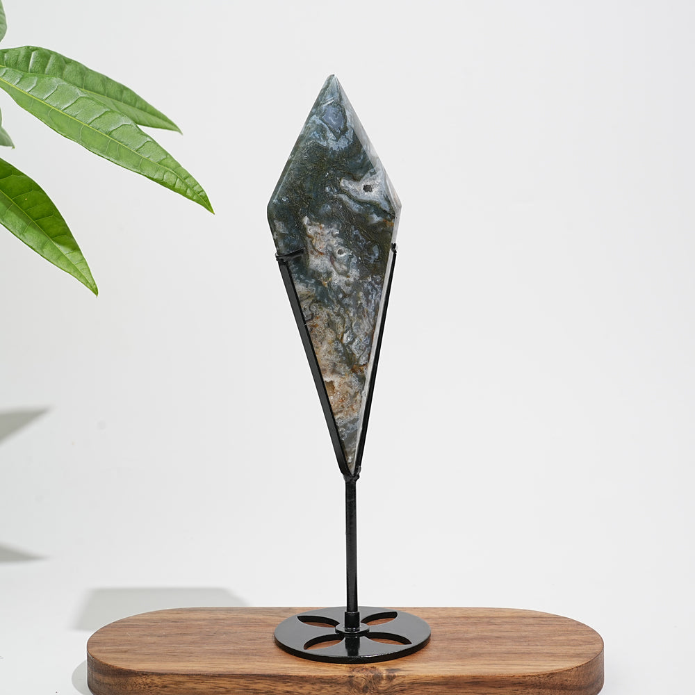 Unique,Natural Crystal Moss Agate Diamond Slice With Stand