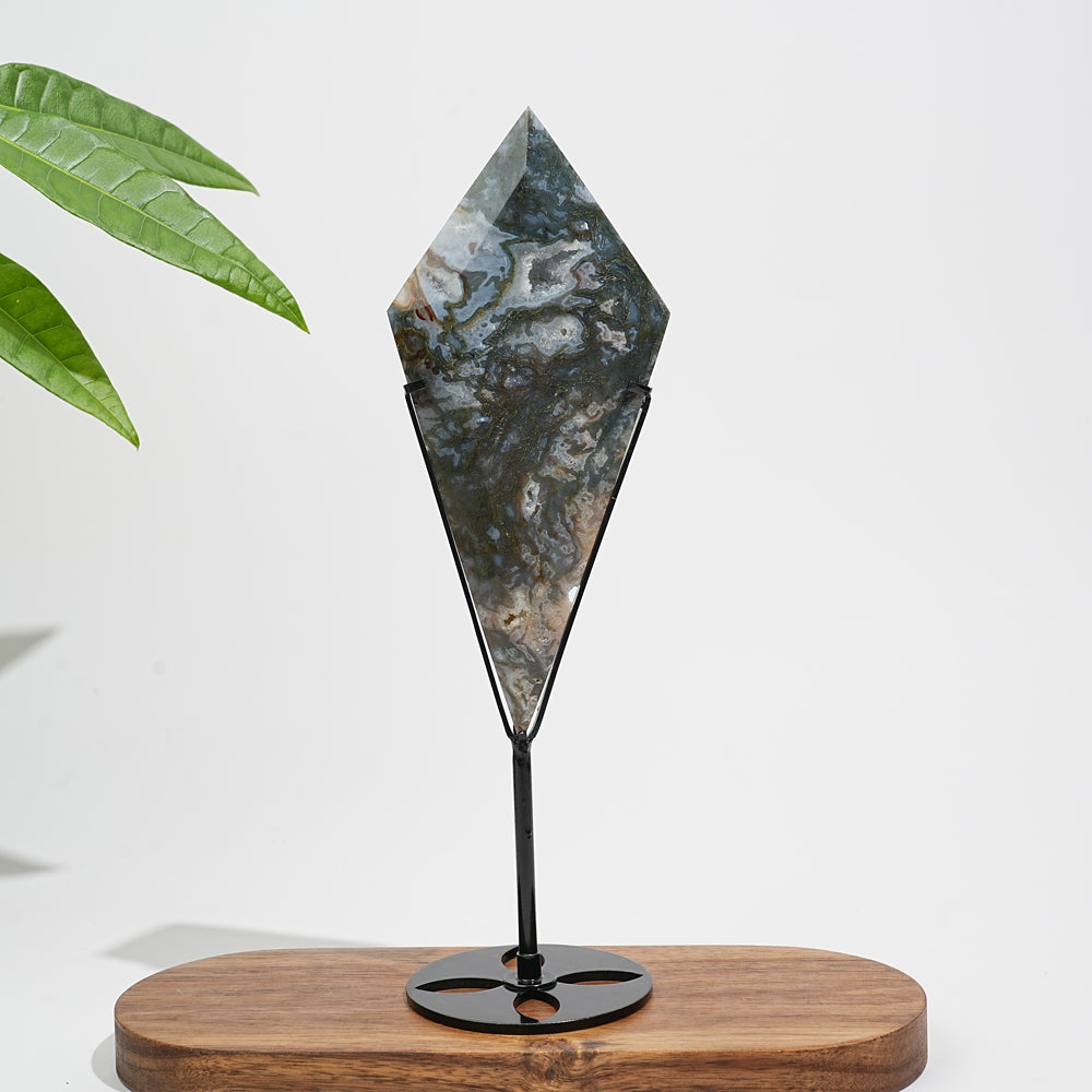 Unique,Natural Crystal Moss Agate Diamond Slice With Stand