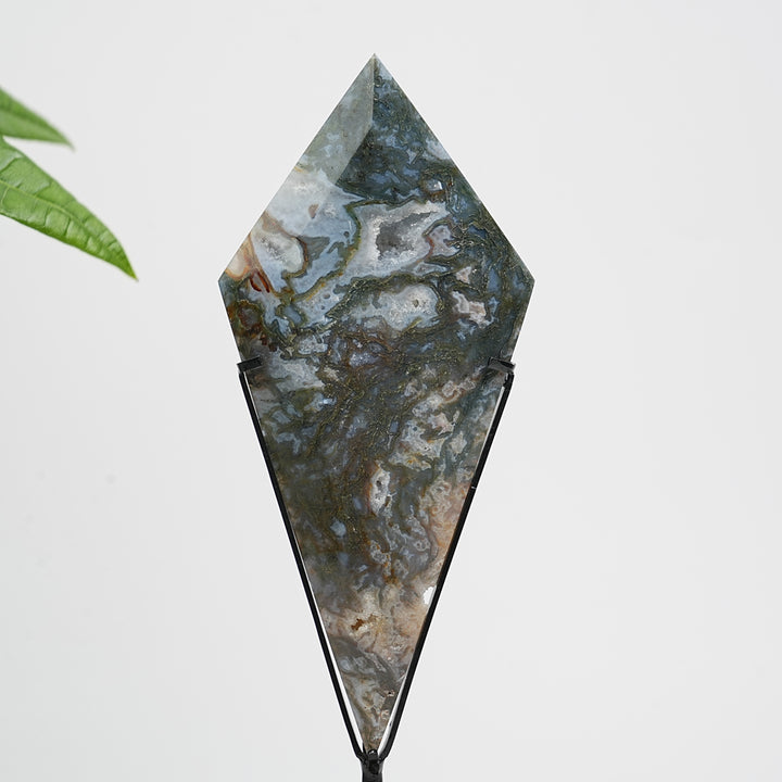 Unique,Natural Crystal Moss Agate Diamond Slice With Stand