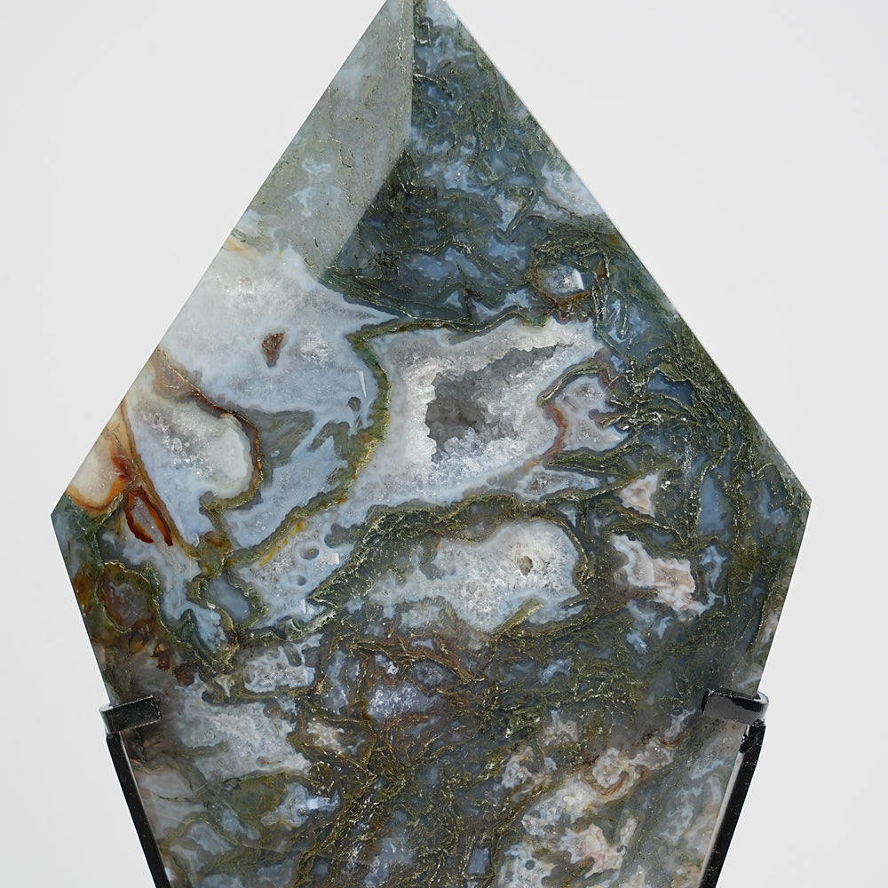 Unique,Natural Crystal Moss Agate Diamond Slice With Stand